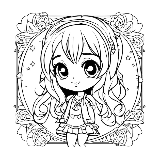 cute little girl anime cartoon vector illustration graphic design in black and white