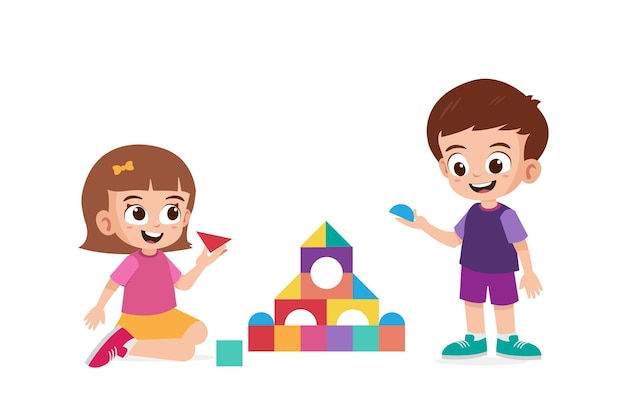 Cute little girl and boy playing building block together vector illustraiton