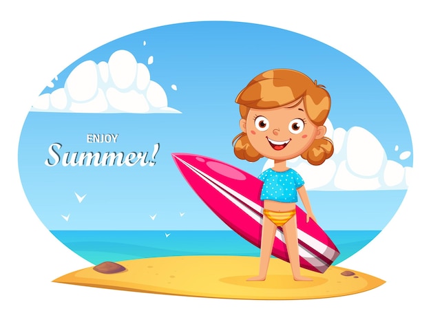 Cute little girl cartoon character with surfboard