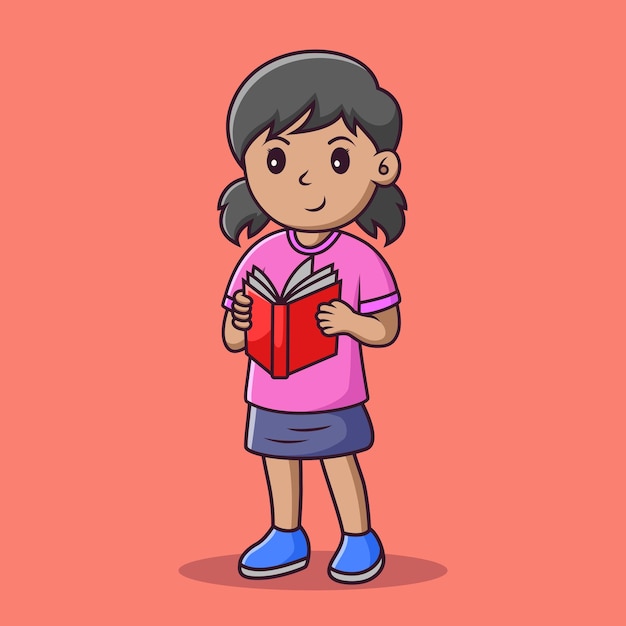 Cute little girl cartoon reading a book