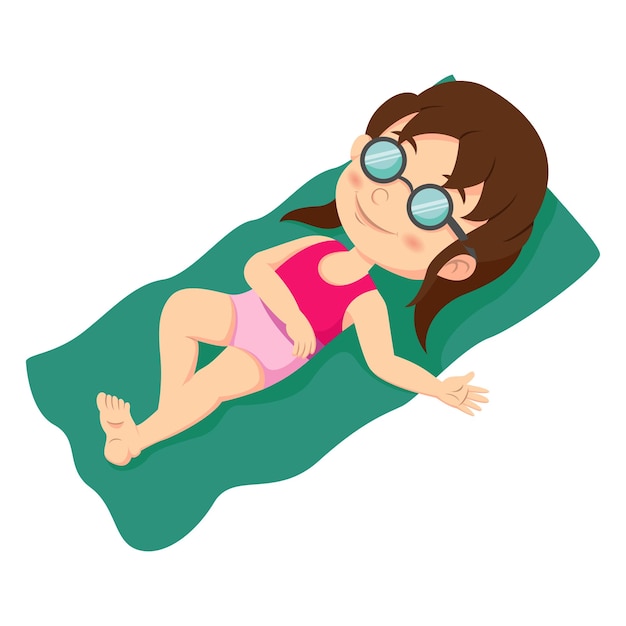 Cute little girl cartoon sunbathing on towel