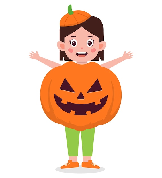 Cute little girl celebrate halloween wear pumpkin costume cartoon illustration