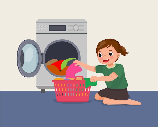 cute little girl doing laundry with washing machine as daily routine chores activity