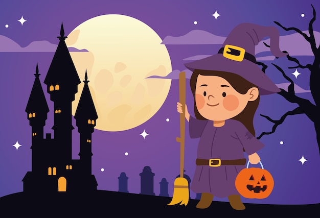 Cute little girl dressed as a witch and castle scene vector illustration design