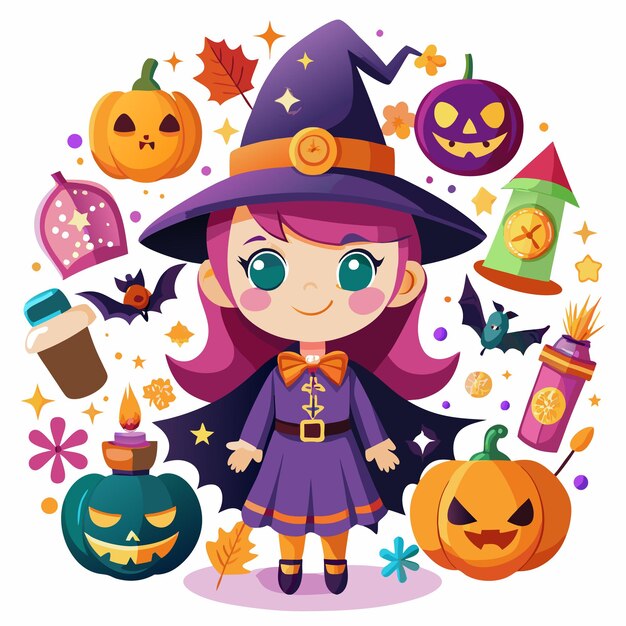 Cute little girl dressed as a witch for Halloween with pumpkins bats and stars around her