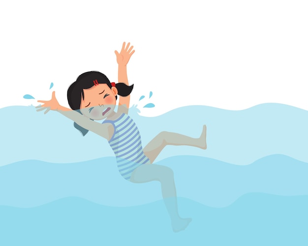 Vector cute little girl drowning in the swimming pool waving hands calling for help