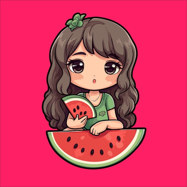 Cute little girl eating watermelon Vector illustration of a cartoon character