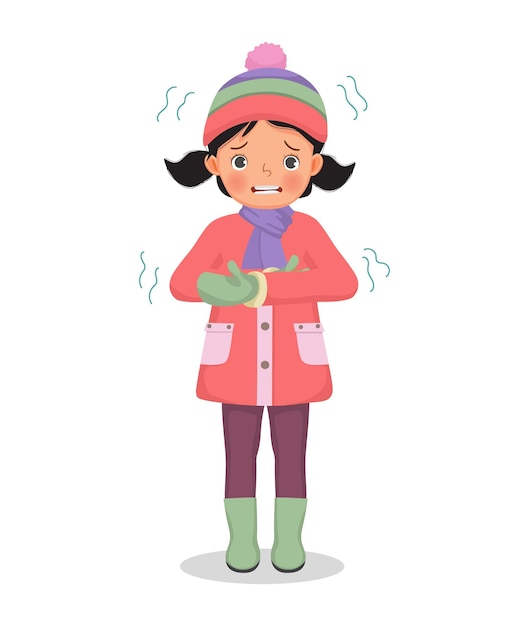 cute little girl feeling cold trembling wear warm winter clothes