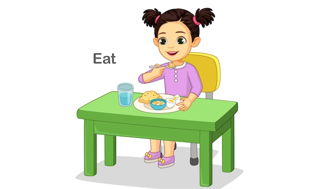 Cute little girl happily eating food 