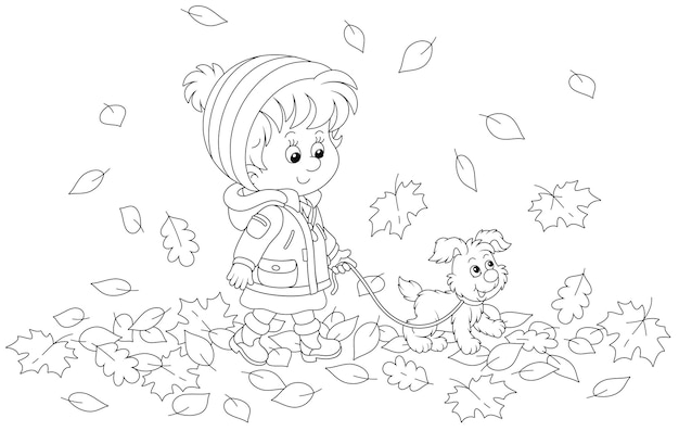 Cute little girl and her merry pup walking on autumn leaves around a park