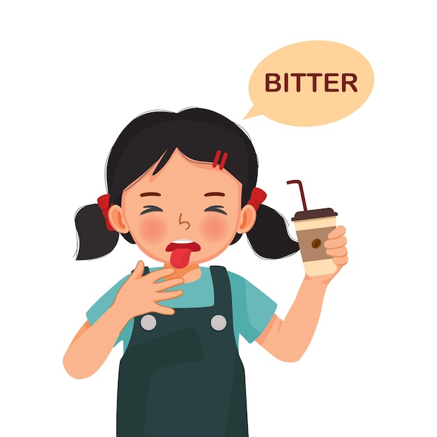 cute little girl holding coffee paper cup showing bitter taste of tongue five senses