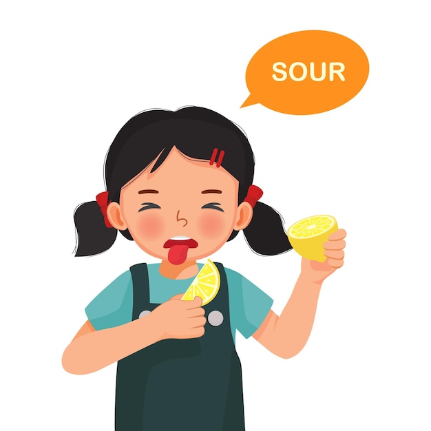 cute little girl holding lemon showing sour taste of tongue five senses