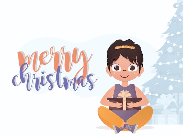 A cute little girl is holding a gift in her hands Merry christmas banner Cartoon style