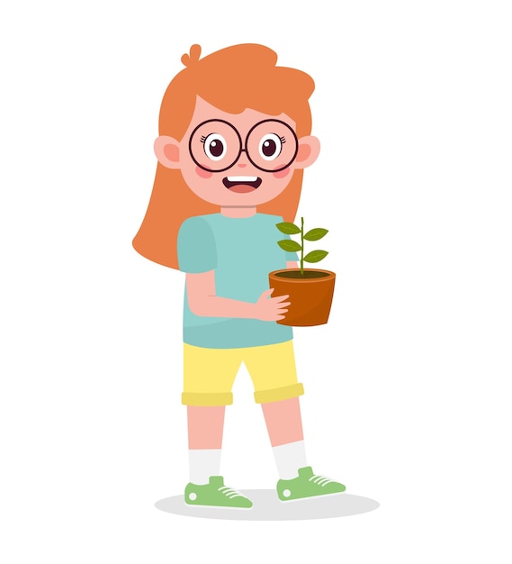 Cute little girl is taking care of plants cartoon illustration