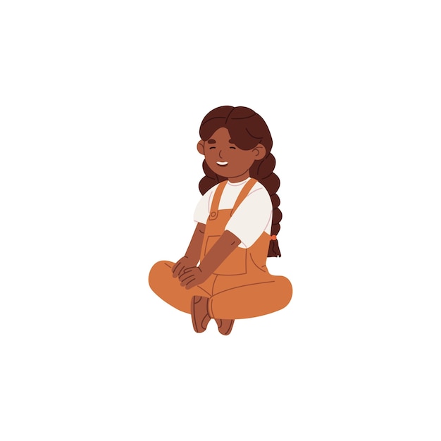 Cute little girl in jumpsuit sits on the floor Happy kid with pigtails braids Funny small child rests relaxes Baby with closed eyes smiles Flat isolated vector illustration on white background