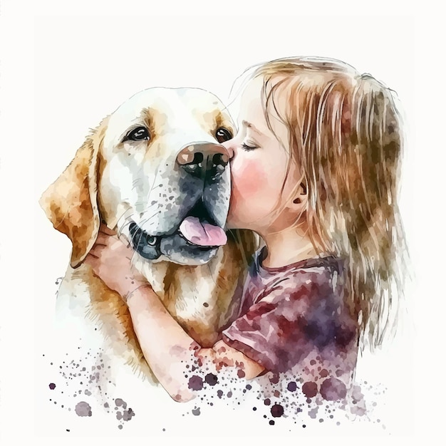 Cute little girl kissing her dog watercolor paint ilustration