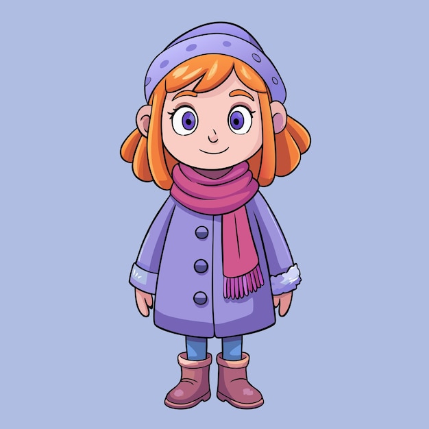 Vector cute little girl in lilac winter wear and matching scarf cartoon vector illustration