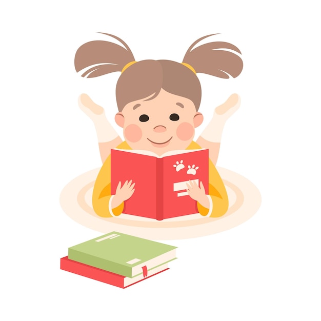 Cute Little Girl Lying on Floor and Reading Book Preschool Girl Enjoying Literature Kids Education Concept Cartoon Style Vector Illustration