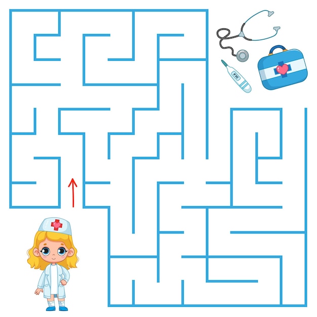 A cute little girl in a nurse costume is looking for way to the doctor's suitcase and medicines maze