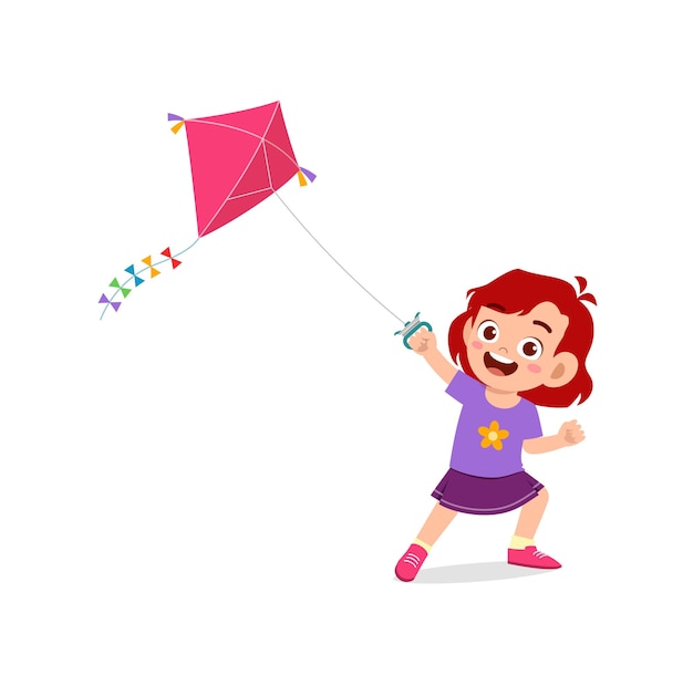 Cute little girl play kite outside and feel happy