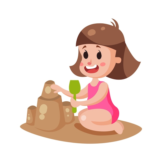 Cute little girl playing with sand on a beach, colorful character vector Illustration on a white background