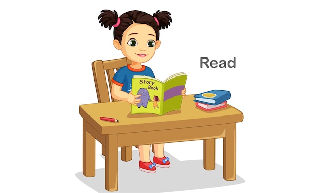 Cute little girl reading a story book illustration