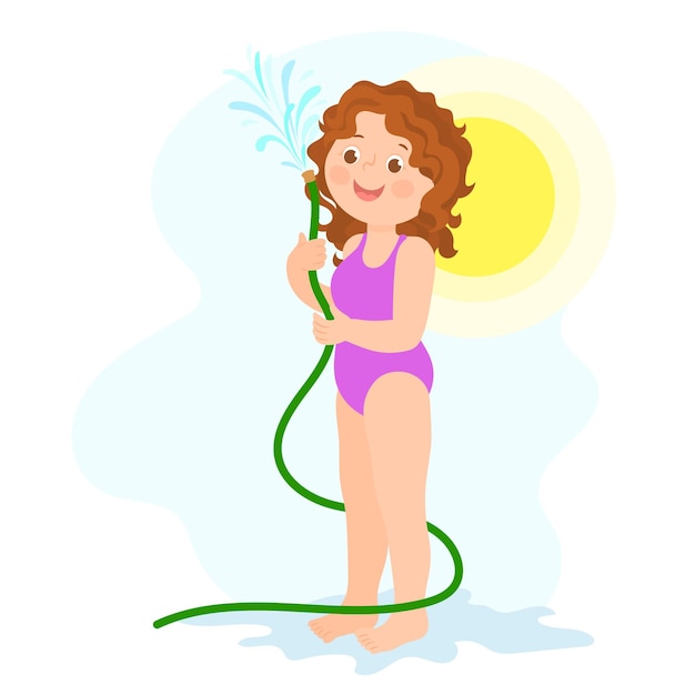 Cute little girl refresh herself from garden watering hose. summer time