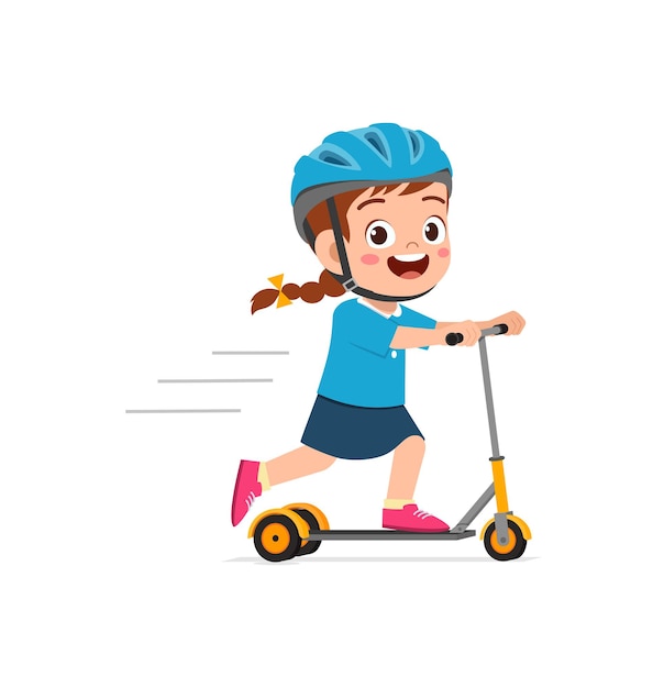 Cute little girl riding scooter and wear helmet