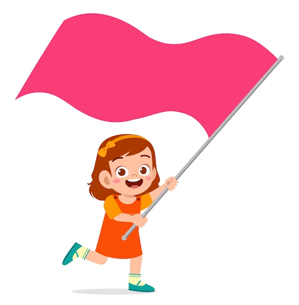 Cute little girl run and holding flag