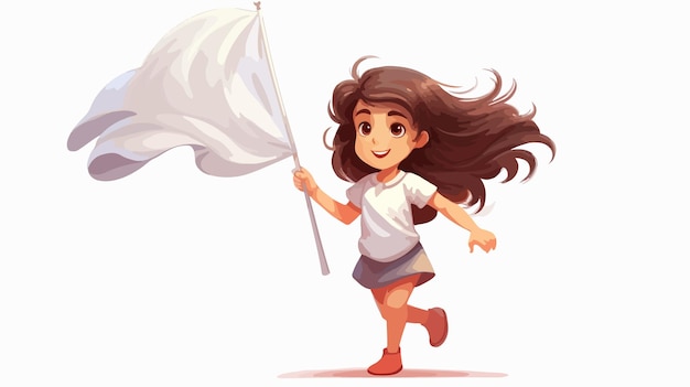 Cute Little Girl Running and Holding Flag Cartoon Vector