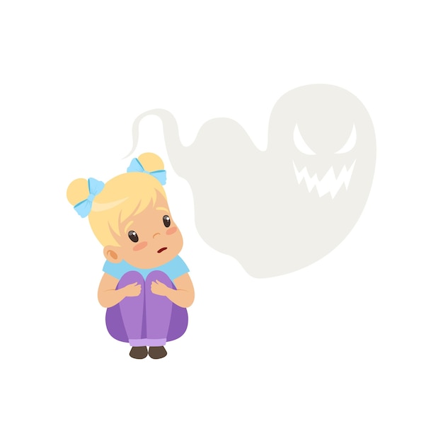 Cute little girl scared of ghosts kids imagination concept vector illustration on a white background