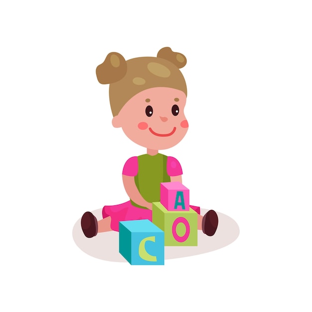 Cute little girl sitting on the floor playing with block toys, kid learning through fun and play colorful cartoon vector Illustration on a white background