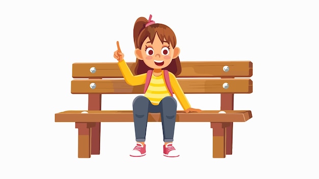 Cute Little Girl Sitting on Wooden Bench and Pointing Joyfully