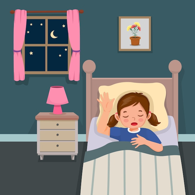 cute little girl sleeping on bed at night in the bedroom