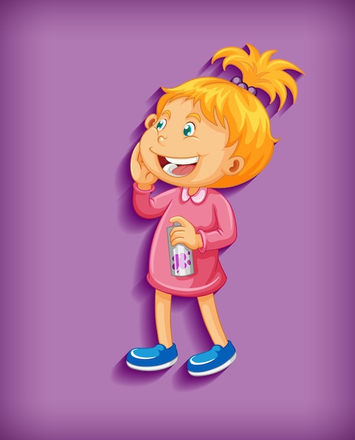 Cute little girl smiling in standing position cartoon character isolated on purple 