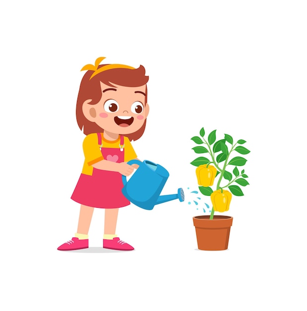 Cute little girl stand and watering paprika tree