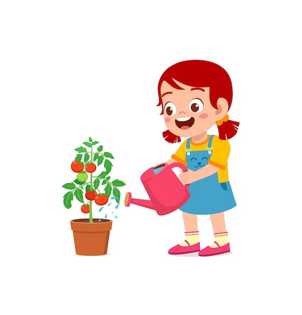 Cute little girl stand and watering tomato tree