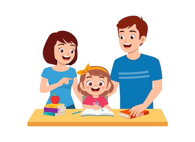 Cute little girl study with mother and father at home together