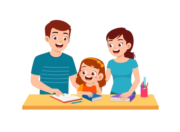 Cute little girl study with mother and father at home together