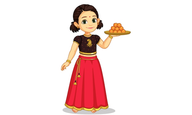 Cute little girl in traditional wear holding a plate of sweets illustration