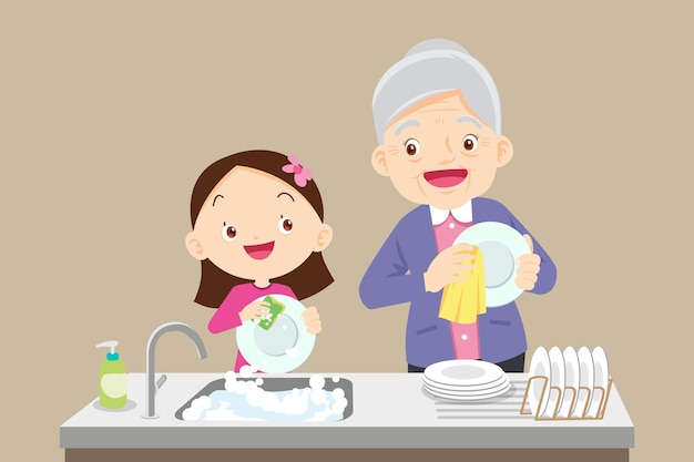 Cute little girl washing dish with grandmother