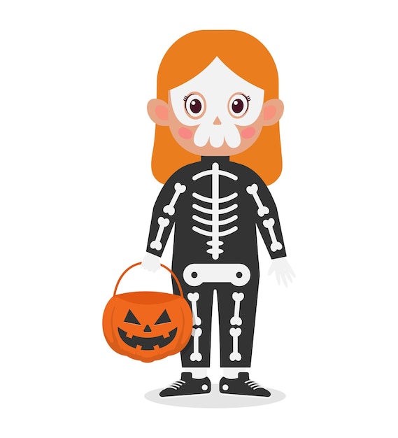 Cute little girl wear skull costume for halloween cartoon illustration