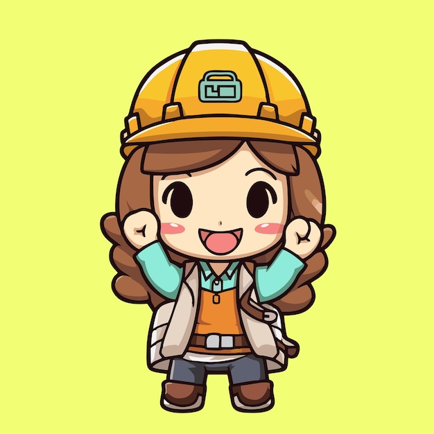 Cute little girl wearing a hard hat Vector illustration in cartoon style