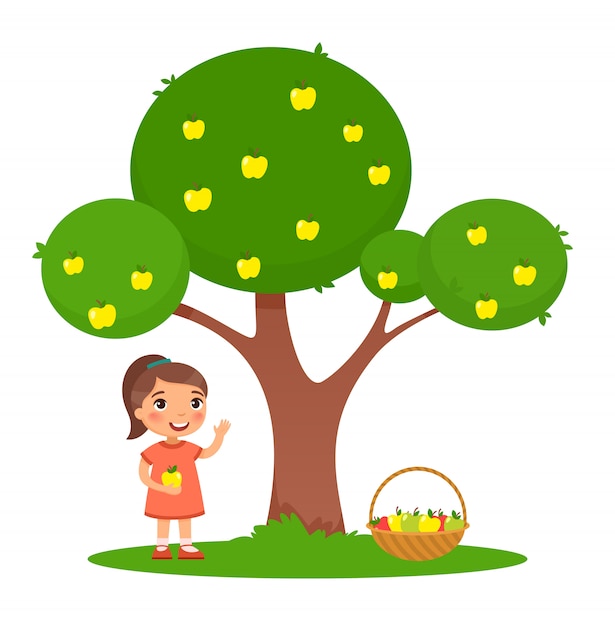 Cute little girl with an apple and a basket full of apples stands under an apple tree. 