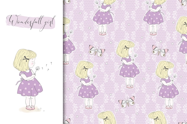 Cute little girl with dandelion illustration and seamless pattern. Pastel color