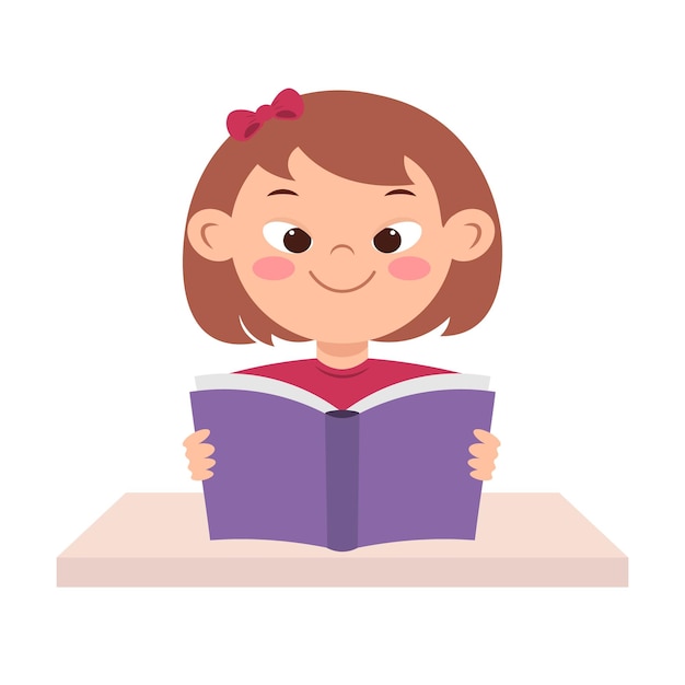 Cute little girl with down syndrome holding open book and reading Cartoon vector illustration