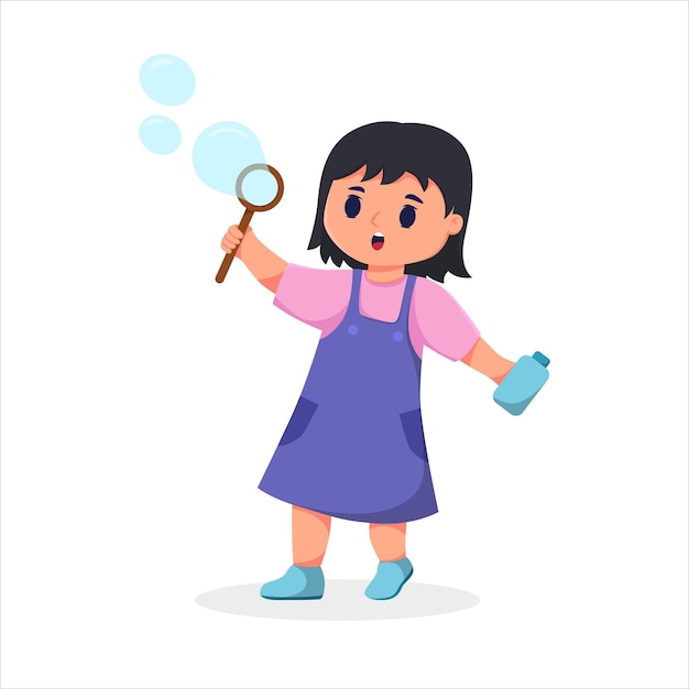 Cute Little Girl with Play Soap Bubble Cartoon Illustration