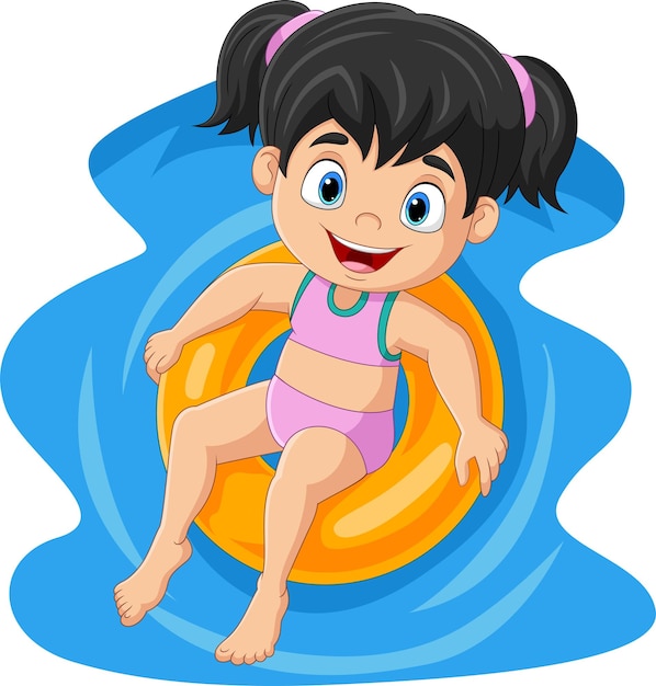 Cute little girl with swimsuit floating on inflatable ring