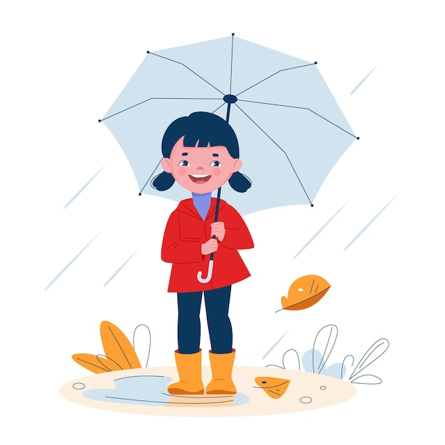 Cute little girl with an umbrella in rubber boots in the rain. Vector illustration in cartoon style.