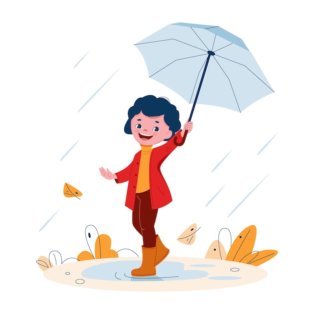 Cute little girl with an umbrella in rubber boots in the rain. Vector illustration in cartoon style.